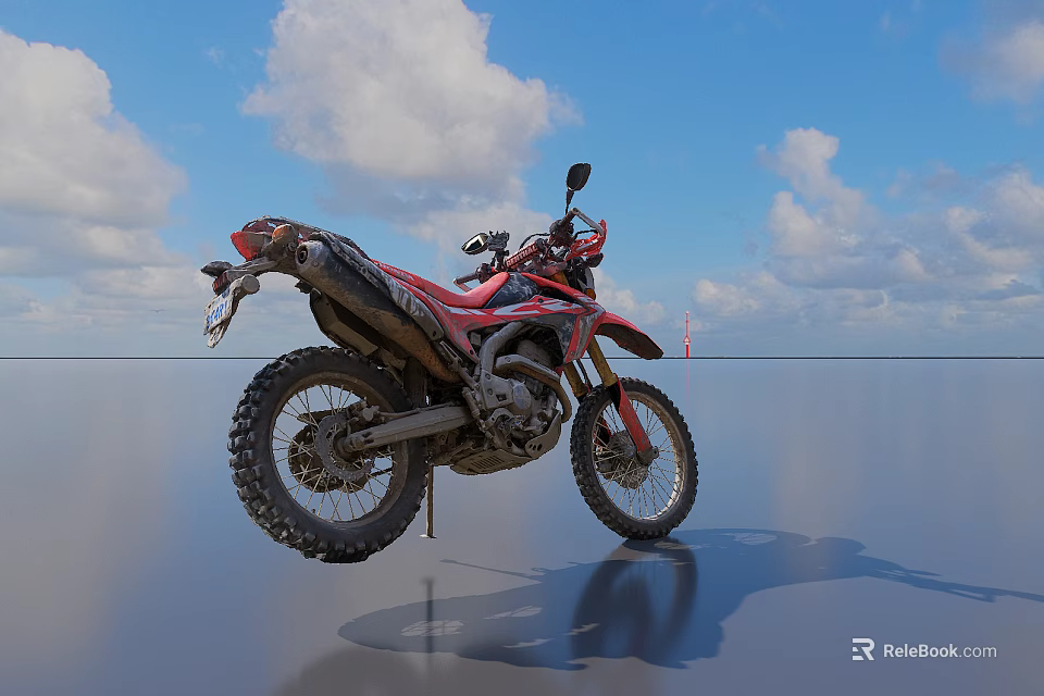 Red and Black Off Road Motorcycle With Blue Sky White Clouds And Smooth Surface Reflection 3d model 