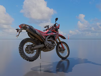 Red and Black Off Road Motorcycle With Blue Sky White Clouds And Smooth Surface Reflection 3d model