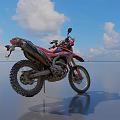 Red and Black Off Road Motorcycle With Blue Sky White Clouds And Smooth Surface Reflection