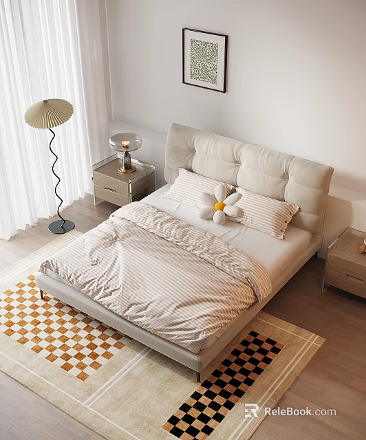 Double Bed With Upholstered Headboard Striped Linen Decorative Pillow Nightstands And Geometric Rugs 3d model 