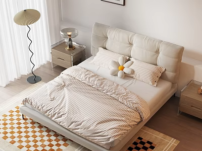 Double Bed With Upholstered Headboard Striped Linen Decorative Pillow Nightstands And Geometric Rugs 3d model
