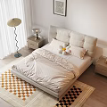 Double Bed With Upholstered Headboard Striped Linen Decorative Pillow Nightstands And Geometric Rugs