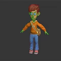 Cartoon Boy Character In Orange Hoodie Blue Pants Green Shoes With Brown Bag On Dark Background
