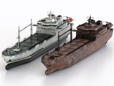 Modern And Rusty Cargo Ships Showcased Side By Side On White Background 3d model