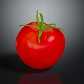 Fresh Ripe Red Tomato Vegetable with Green Stem on Dark Reflective Background