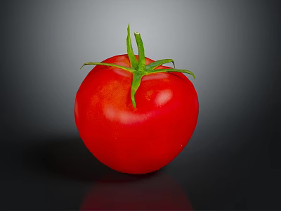 Fresh Ripe Red Tomato Vegetable with Green Stem on Dark Reflective Background 3d model