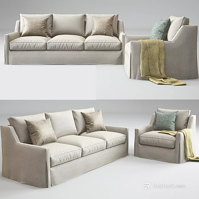 Light Colored Sofa Set Featuring Three Seater Sofa Armchair Decorative Pillows And Throw Blanket 3d model