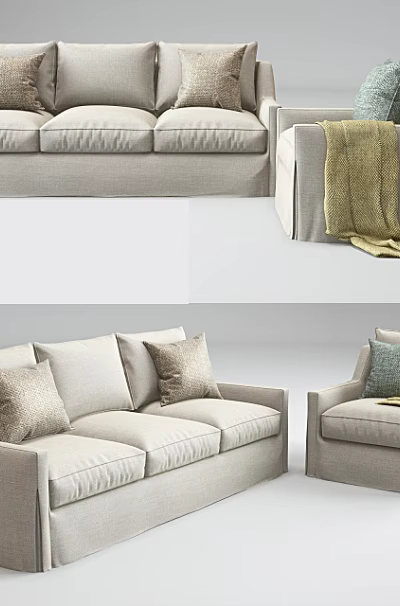 Light Colored Sofa Set Featuring Three Seater Sofa Armchair Decorative Pillows And Throw Blanket 3d model