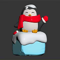 Cute Penguin Doll with Red Scarf and Mittens Standing on Blue Ice Block with Snow