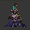 Mythical Game Movie Character Featuring Purple Skin Horns Armor Purple Cape And Green Glowing Weapon