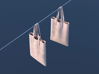 Simple Design Light Colored Tote Bags Hanging On String Against Dark Blue Background 3d model