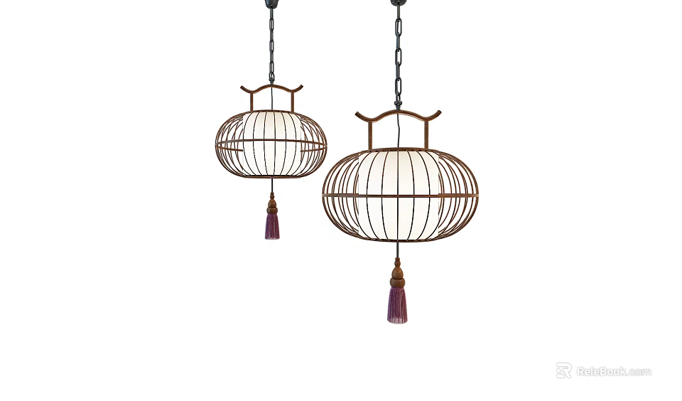 Two Lantern Shaped Metal Frame Chandeliers With Purple Tassels For Interior Decor 3d model 