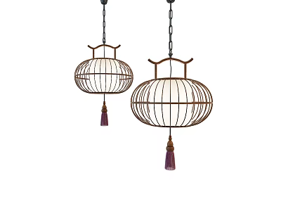 Two Lantern Shaped Metal Frame Chandeliers With Purple Tassels For Interior Decor 3d model