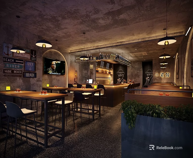 Industrial Bar Interior With Concrete Ceiling Hanging Lights Bar Counter Wooden Tables And Green Plants 3d model 