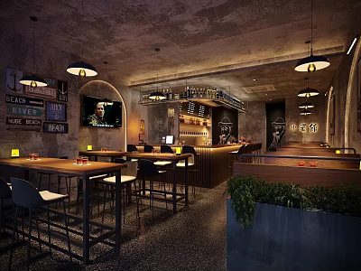 Industrial Bar Interior With Concrete Ceiling Hanging Lights Bar Counter Wooden Tables And Green Plants 3d model