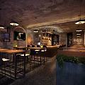 Industrial Bar Interior With Concrete Ceiling Hanging Lights Bar Counter Wooden Tables And Green Plants