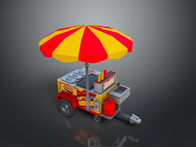 Vibrant Street Food Cart Scenery with Red Yellow Umbrella and Burger Fries Signs 3d model