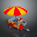 Vibrant Street Food Cart Scenery with Red Yellow Umbrella and Burger Fries Signs