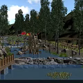 Wooden Bridge with Small Waterfall Among Green Grass Trees and Red Tents by River Rocks