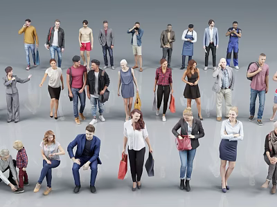Group of Diverse People in Various Poses and Different Clothing Styles 3d model