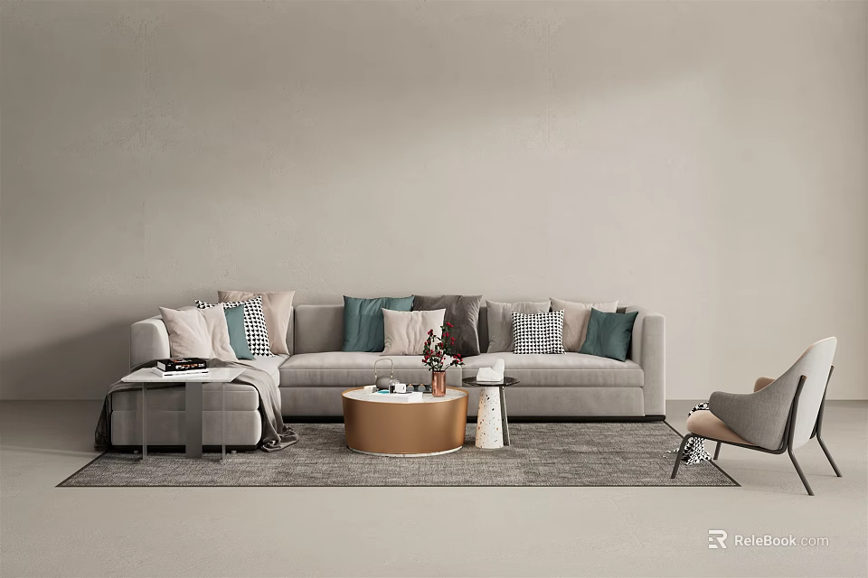 Modern Grey Sofa and Coffee Table Set with Multiple Pillows Round Table and Area Rug 3d model 