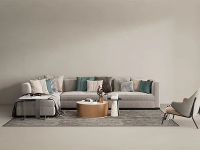 Modern Grey Sofa and Coffee Table Set with Multiple Pillows Round Table and Area Rug 3d model