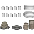 Stylish Kitchenware Collection Including Stacked Plates Stainless Steel Jars Ceramic Bowls and Woven Detail Jars