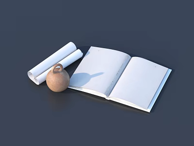 Open Book Display With Unrolled Scroll And Small Clay Pot 3d model