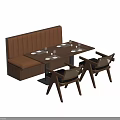 Banquette Sofa In Brown With Tufted Backrest And Wooden Dining Table With Woven Chairs