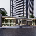 Modern Entrance Gate with High Rise Buildings Palm Trees Lighting and Paved Ground