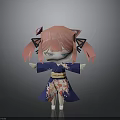 Cartoon Woman With Pink Hair Pigtails In Blue Kimono With Floral Patterns