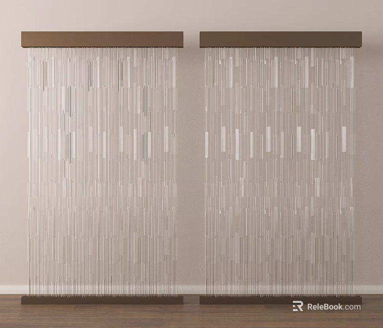 Elegant Room Divider With Slender Transparent Strips And Brown Wooden Frames 3d model 