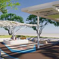 Outdoor Children's Play Area With White Curved Structures Green Trees And Colorful Decorations