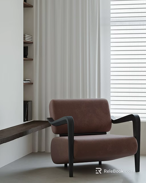 Brown Single Sofa With Black Arms In Modern Interior With White Curtains 3d model