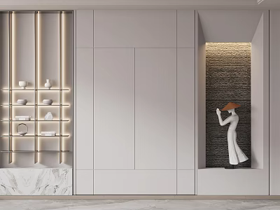 Modern White Interior Storage Cabinet Shelf With Lighting Decorative Items And Stone Wall Background 3d model
