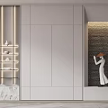 Modern White Interior Storage Cabinet Shelf With Lighting Decorative Items And Stone Wall Background