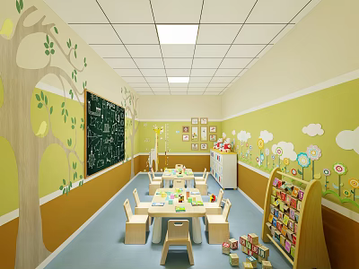 Colorful Kindergarten Classroom with Yellow Walls Tree Cloud Flower Decorations Blackboard Tables Chairs Bookshelf and Toys 3d model