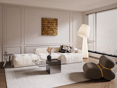 Minimalist Living Room Interior With White Sofa Glass Coffee Table Floor Lamp And Gray Chair 3d model