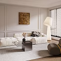 Minimalist Living Room Interior With White Sofa Glass Coffee Table Floor Lamp And Gray Chair