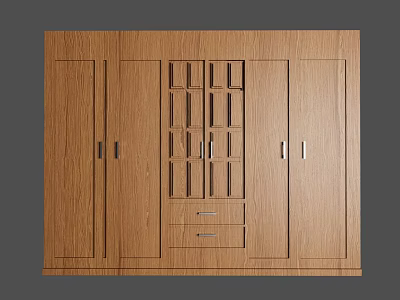 Wooden Oak Wardrobe With Cabinet Doors Glass Panels And Drawers For Bedroom Storage Interior Design 3d model