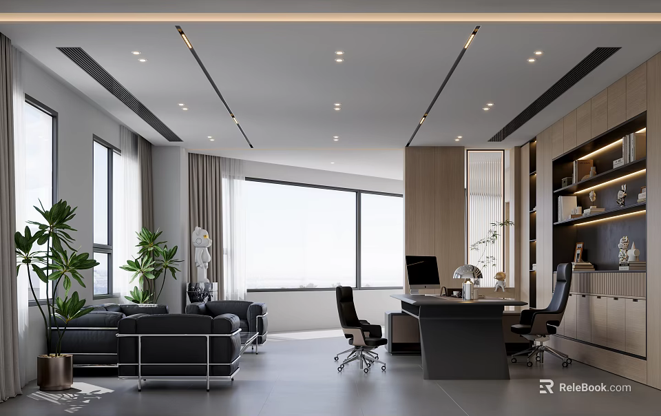 Modern Office Interior With Large Windows Black Sofa Desk Green Plants And Wooden Bookshelves 3d model 