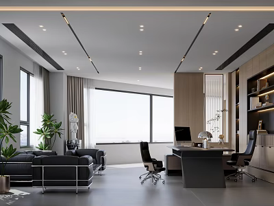 Modern Office Interior With Large Windows Black Sofa Desk Green Plants And Wooden Bookshelves 3d model