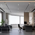 Modern Office Interior With Large Windows Black Sofa Desk Green Plants And Wooden Bookshelves