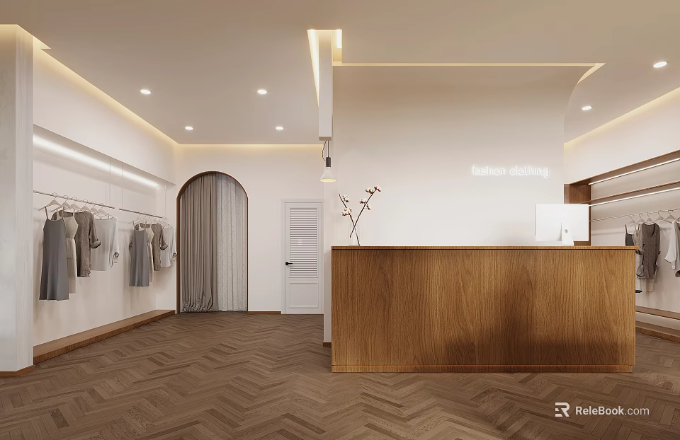 Light and Modern Clothing Store Interior With Clothes Racks Wooden Reception Desk And Herringbone Flooring 3d model 