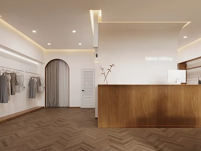 Light and Modern Clothing Store Interior With Clothes Racks Wooden Reception Desk And Herringbone Flooring 3d model