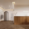 Light and Modern Clothing Store Interior With Clothes Racks Wooden Reception Desk And Herringbone Flooring