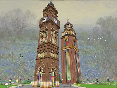 Two Clock Towers Red Brick Architecture with Spires Birds Flying Over Green Landscape and Flowers 3d model