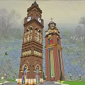 Two Clock Towers Red Brick Architecture with Spires Birds Flying Over Green Landscape and Flowers