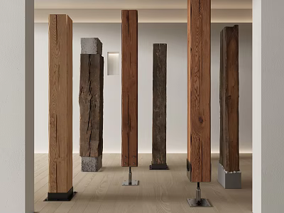 Various Wooden And Stone Columns Arranged In Modern Interior Space With Unique Designs 3d model