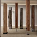 Various Wooden And Stone Columns Arranged In Modern Interior Space With Unique Designs